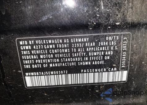 2014 Volkswagen Golf 2.5L from USA, damaged, VIN WVWDB7AJ5EW003072